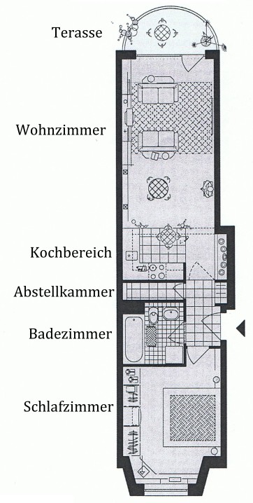 Grundriss der Ferienwohnung in Berlin-Mitte: 55 m², 2 Zimmer plus Bad und Küche, Balkon